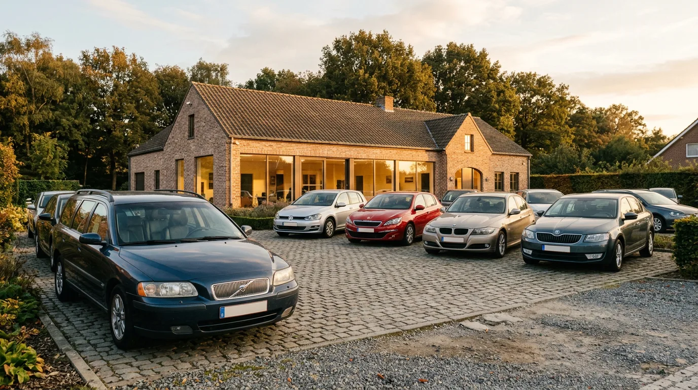 Cour d’un garage belge avec des voitures d’occasion alignées